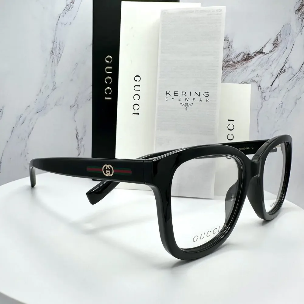 New GUCCI Eyeglasses 53-19-140 Black Square GG Logo Red Green Web Women Rx-able